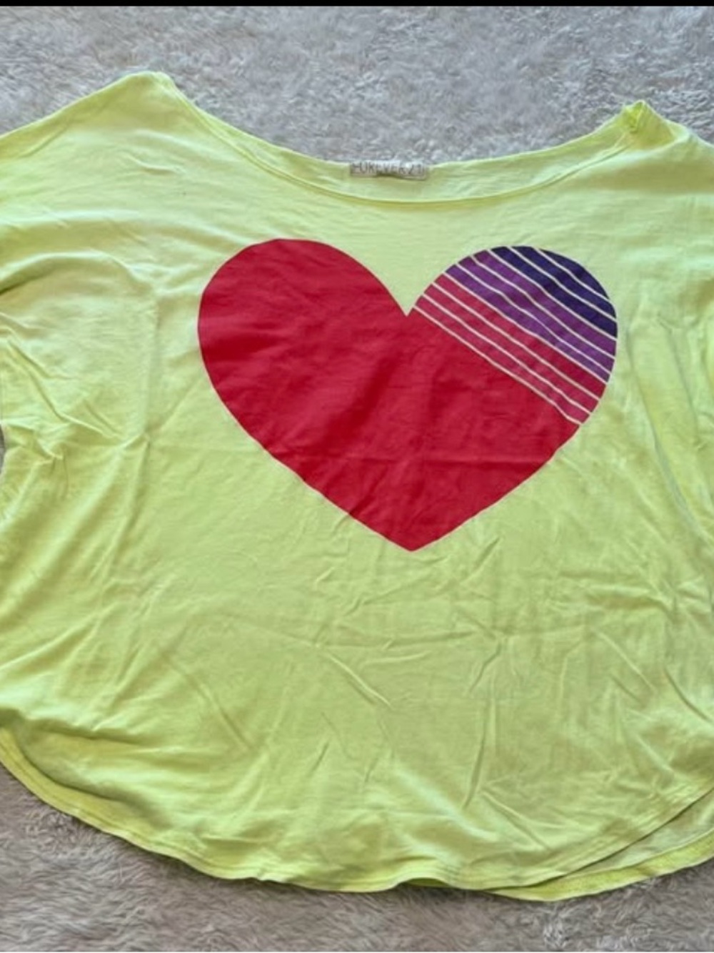 Forever 21 Neon Yellow Long Sleeve Tee with Red Heart and Purple Stripe Accent